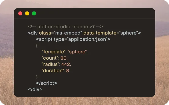An exported embed's scene JSON, still editable months later